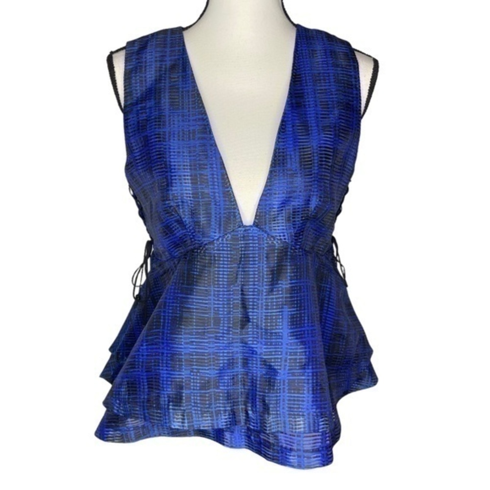 Kendall Kylie Peplum Top Black and Blue Deep V Lace Up Sides Sleeveless Size M